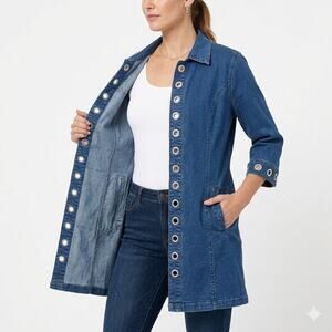 Tia Designs Elongated Denim Jacket Women XL Blue Rhinestone Grommet 3/4 Sleeve
